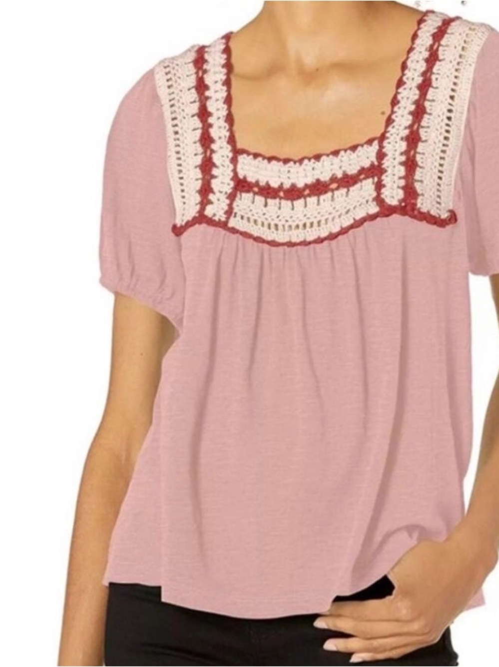 Lucky Brand Pink Scoop Crochet Yoke Short Sleeve Top